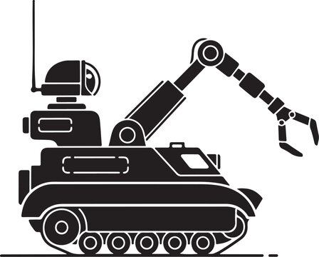 Bold black vector silhouette of a tracked robot or UGV (unmanned ground vehicle) equipped with a camera, antenna, and an articulated robotic arm, symbolizing technology, robotics, and EOD (Explosive O