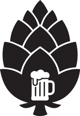 Black and white silhouette of a hop cone with a beer mug inside brewing