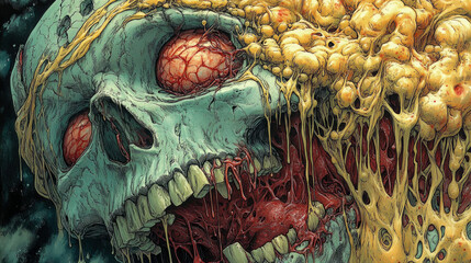 Macabre Comic Art Depicting Rotting Zombie Head with Visceral Exposed Brains, Bloody Eyes, and Creeping Yellow Putrid Goo