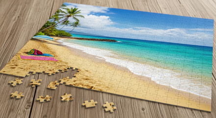The tropical beach puzzle showcases a beautiful island paradise with palm trees, turquoise ocean waters, and pristine sandy shores partially