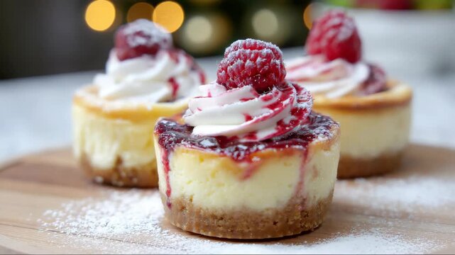 Close-up of raspberry cheesecake with whipped cream topping