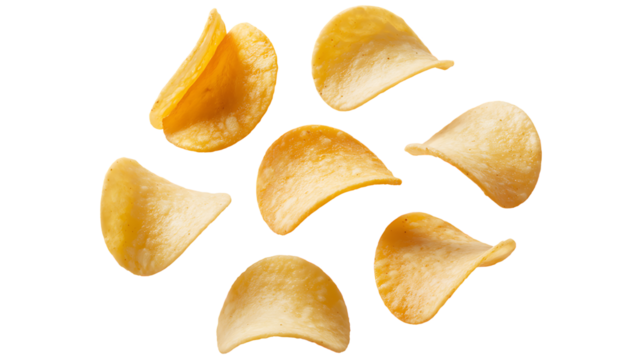 Scattered Potato Chips on White Background crisps snack isolated on a transparent background