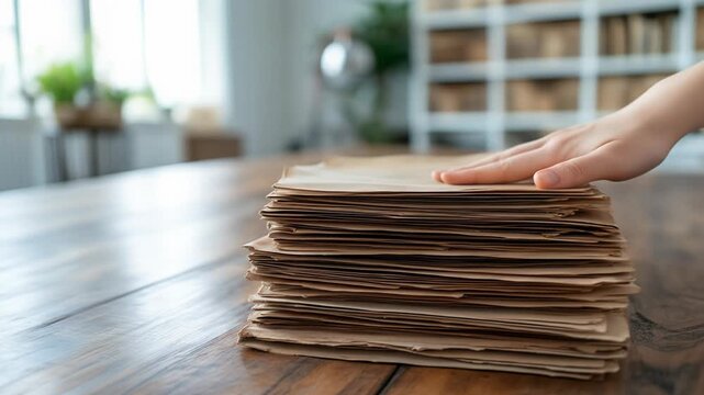 Hand on stack of brown paper sheets on wooden table indoor setting
