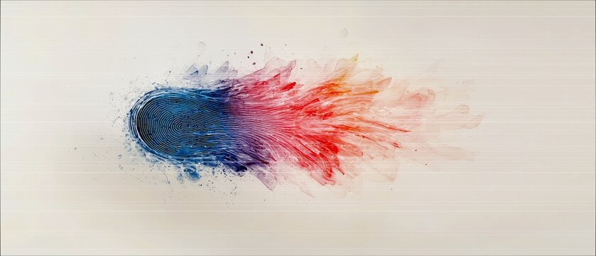 A fingerprint transforms into a colorful explosion of watercolor paint, symbolizing identity and creativity.