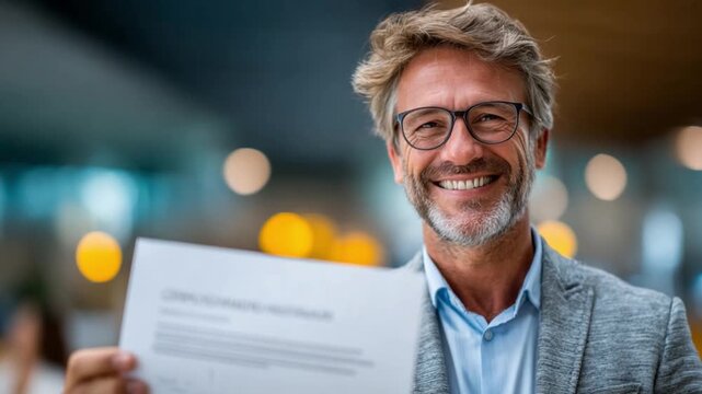 Confident Executive: An experienced business person, brimming with confidence, smiles broadly as they proudly showcase a document, conveying a sense of expertise and assuredness.