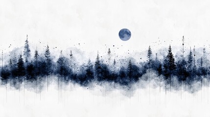 A minimalist watercolor scene depicts a dark, silhouetted forest line against a white background, with a full moon visible in the upper left.