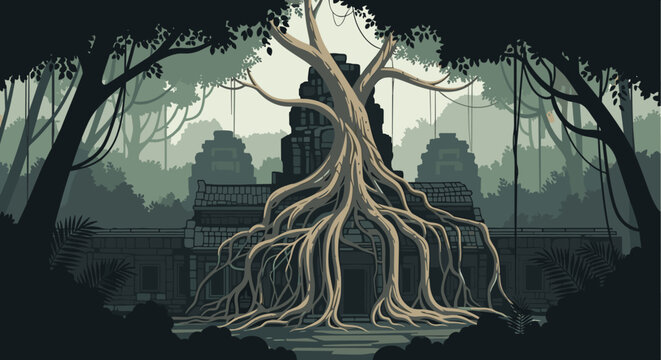 Atmospheric pixel art scene of an ancient, overgrown temple in a dense jungle with large tree roots covering the structure.