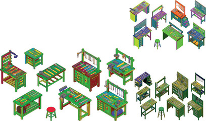 Isometric wooden workbenches with assorted hand tools arranged neatly, workshop equipment illustration for carpentry, repair, construction, maintenance and DIY projects