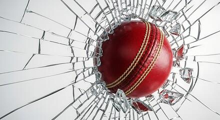 Red cricket ball breaking through a shattered glass panel impact