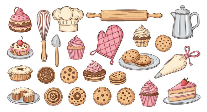 Large collection of hand-drawn baking and dessert items, featuring cakes, cupcakes, cookies, and various pastry tools in a sketch style. - Powered by Adobe