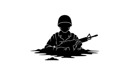 Naklejka premium Soldier sitting in trench holding rifle in silhouette style 