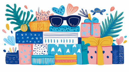Vibrant stack of summer essentials and holiday gifts, featuring stylish sunglasses, tropical foliage, and playful patterns in contemporary illustration style