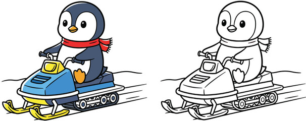 Cute cartoon penguin riding a snowmobile vector illustration with black and white outline for coloring book page