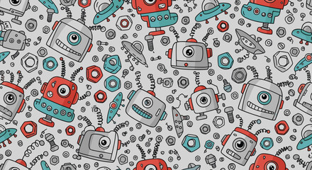 Naklejka premium A chaotic seamless pattern filled with a variety of cute and quirky cartoon robots, flying saucers, nuts, bolts, and springs.
