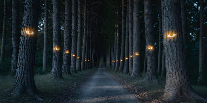 Enigmatic glowing golden eyes adorn dark forest trees lining a path
