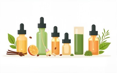 Homeopathy and natural alternative medicine, herbal medical treatment and homeopaths medics set of flat isolated on white vector illustrations. Homeopathic oils production, healing herbs treatment.