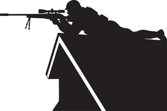 Bold black vector silhouette of a sniper or soldier in a prone position on a rooftop, aiming a scoped rifle supported by a bipod, symbolizing security, covert operations, and urban defense