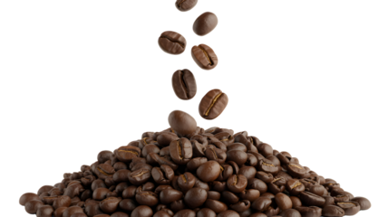 Falling Coffee Beans Aromatic Brown Grains Pouring into a Pile Against a White Backdrop