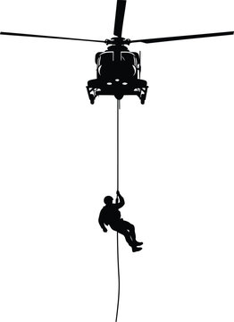 Bold black vector silhouette of a soldier or rescue worker fast-roping from a military helicopter, symbolizing emergency rescue, rapid deployment, and special operations