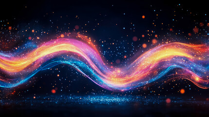 Fototapeta premium Energetic abstract waves of glowing multicolored light and glittering stardust flow elegantly across dark, mystical night sky with subtle reflections