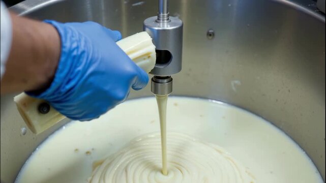 Creamy custard cream dairy dessert stainless steel industrial mixer, mixing with equipment for food processing, closeup swirl texture with calm focus, hygiene glove hand and kitchen craft captured