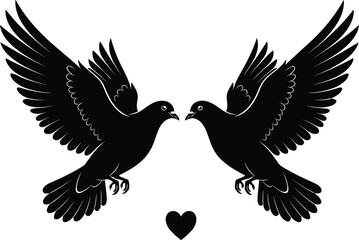 Elegant silhouette illustration of two flying doves facing each other with a heart symbol, representing love, peace, romance and harmony.