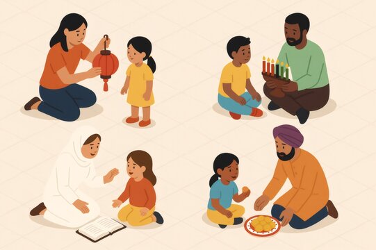People of various ethnicities and cultures teaching children about different holiday traditions, promoting diversity, unity, and learning