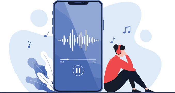 Girl listening to music with headphones beside a large smartphone screen displaying audio waveform, modern digital entertainment and relaxation illustration.