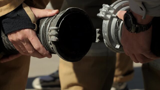 Firefighters connecting heavy hose couplings