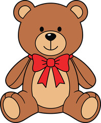 Fototapeta premium Cute teddy bear cartoon illustration with big red bow, adorable plush toy design perfect for kids, gifts, decorations and playful graphic themes.