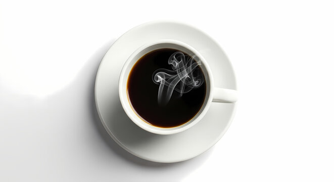 Freshly brewed coffee with delicate steam rising in a white cup and saucer, inviting you to enjoy the rich aroma and flavor of a perfect morning ritual
