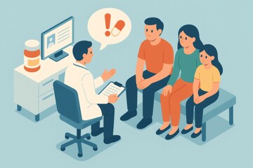 Fototapeta premium Doctor advising family about health concerns and prescription medicine. Pediatrician consulting with parents and child during an appointment