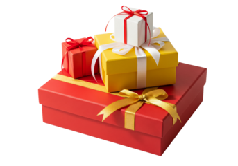 Red gift box with golden ribbon isolated on white or transparent background