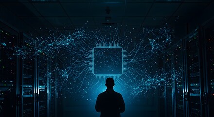 Data Server Room with Ai Network and Engineer