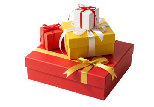 Red gift box with golden ribbon isolated on white or transparent background