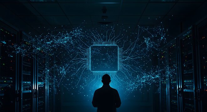 Data Server Room with Ai Network and Engineer