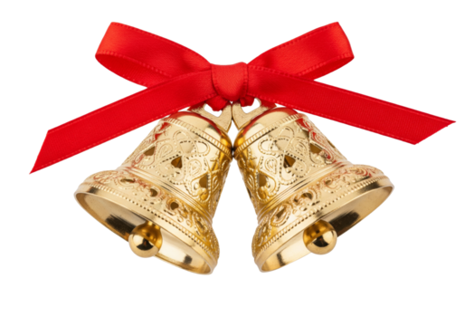 Golden christmas bells red ribbon isolated on white or transparent background