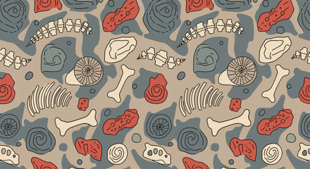 A stylized seamless pattern featuring various fossils, dinosaur bones, and ammonites against a background of abstract rock shapes.
