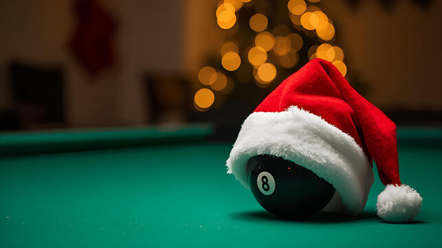 a billard pool table ball 8 black with a santa claus red hat for christmas with a tree with lights, - Powered by Adobe