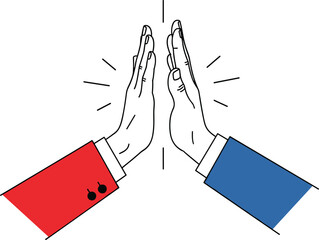 Business teamwork high five illustration showing two hands celebrating success, partnership, cooperation and motivation in a modern minimal line art style.