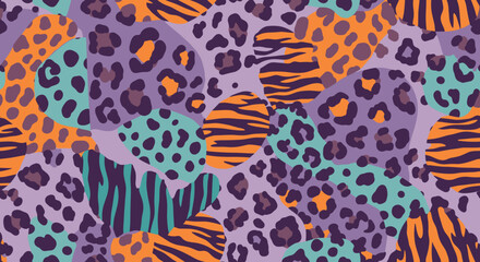 Trendy seamless pattern featuring a vibrant collage of various animal prints like leopard, tiger, and cheetah in bold, abstract color blocks.