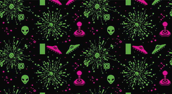 A retro seamless pattern with a neon green and pink color scheme, featuring classic arcade video game elements on a black background.