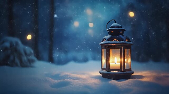 Glowing lantern with warm candlelight in a snowy winter forest at night