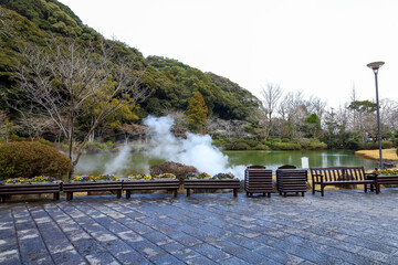 Umi Jigoku blue water hot spring. One of the eight hot springs is landmark in touris location at Beppu, Oita, Japan.