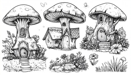 Fairy mushroom houses illustration.