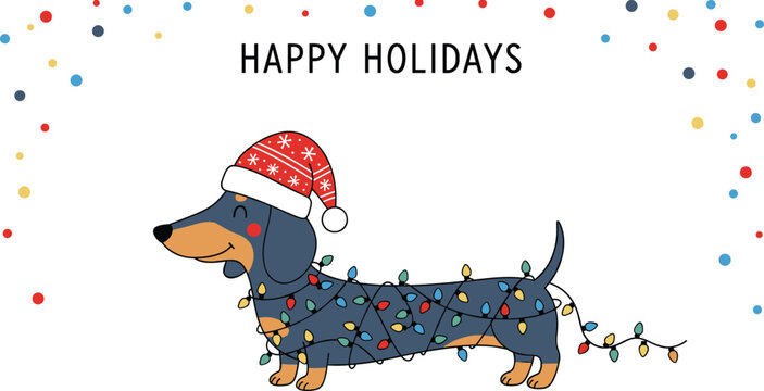 Cute dachshund dog wrapped in colorful Christmas lights wearing Santa hat, festive holiday greeting vector illustration with playful winter celebration theme.