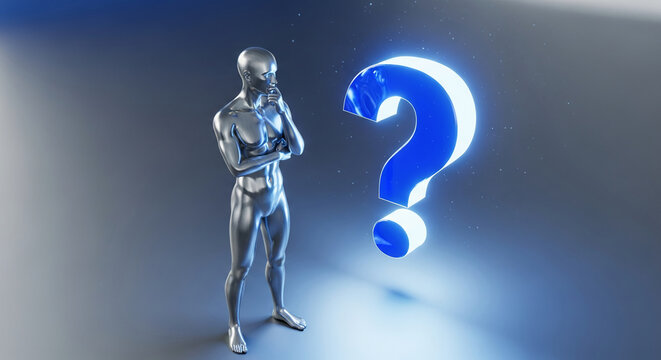 A metallic human figure stands thoughtfully near a luminous blue question mark, representing uncertainty, inquiry, and a search for answer or solution - Powered by Adobe