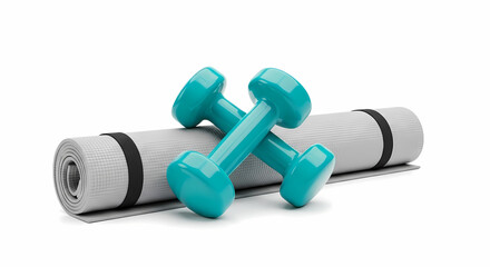 Turquoise dumbbells resting on a rolled yoga mat inspires fitness, strength training, and a healthy lifestyle, promoting wellness and exercise routines
