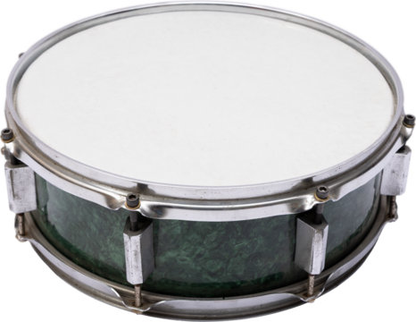 Green snare drum with metal hardware on transparent backdrop. Concept of music-class posters, band rehearsals, percussion lessons, rhythm projects, catalog pages, stage materials.