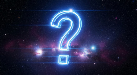 Glowing blue question mark against starry galaxy background, symbolizing inquiry, mystery, or uncertainty in vastness of cosmos, exploration